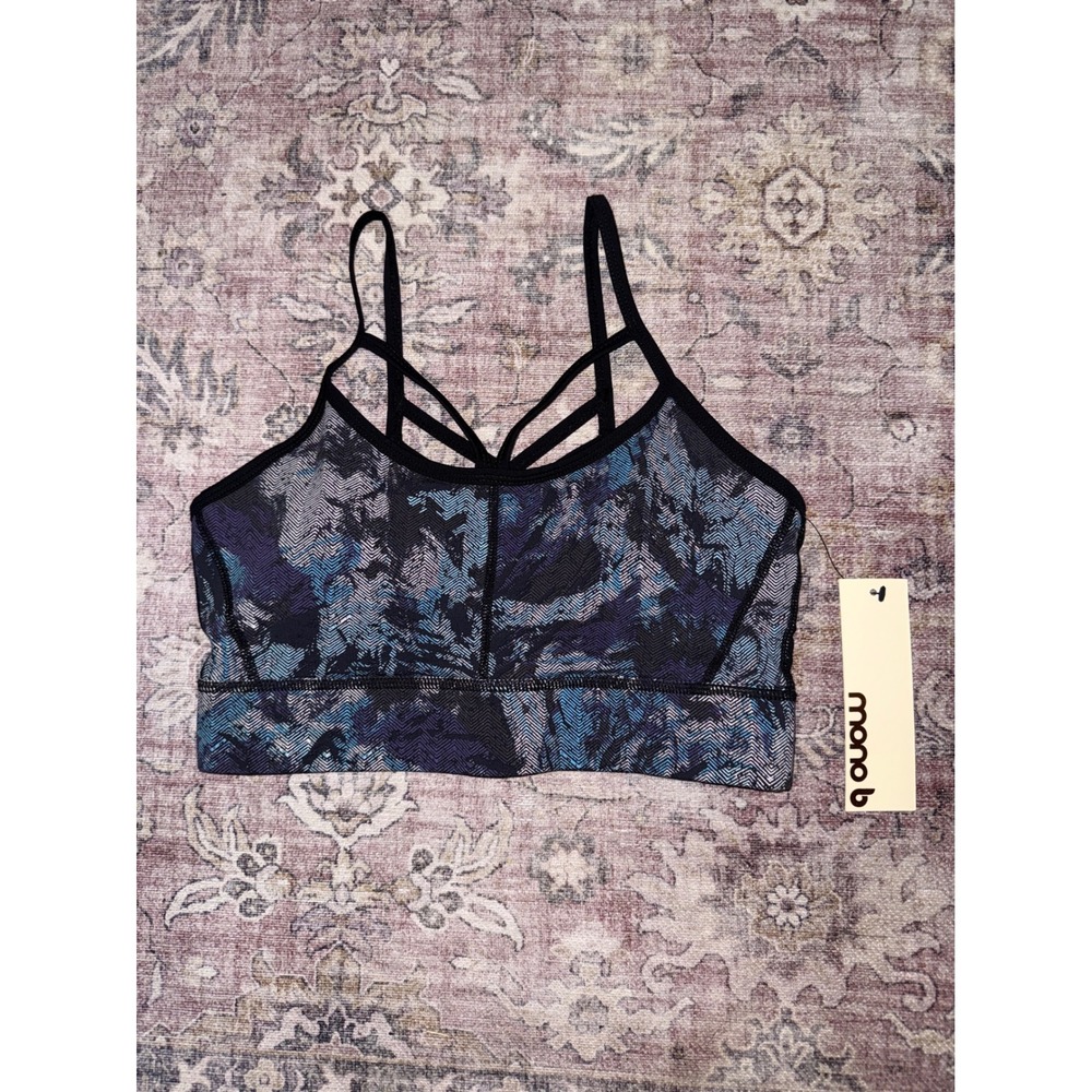 Mono B Womens Blue Purple Abstract Strappy Mesh Back Sports Bra Sz M AT1672 NWT